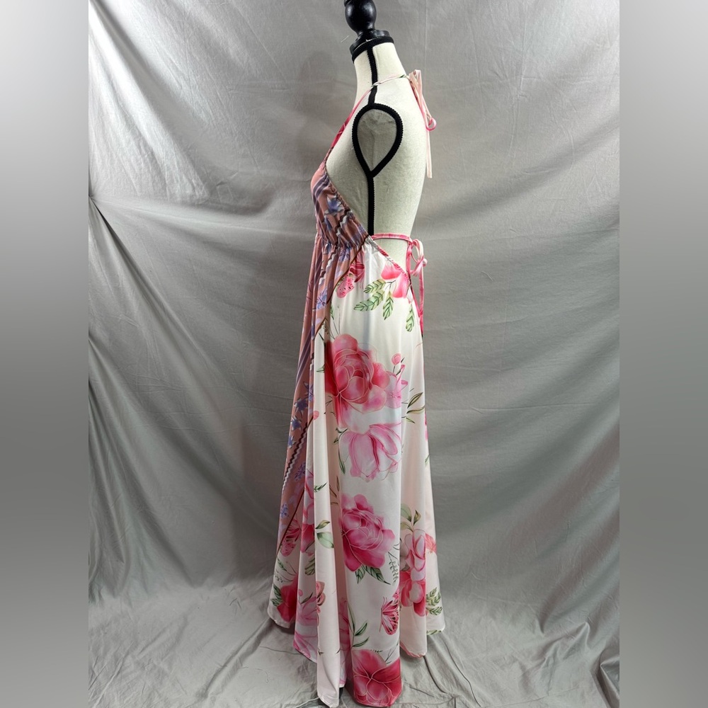 Boho Pink Floral Halter V- Neck Maxi Dress Low Back - Picture 11 of 12